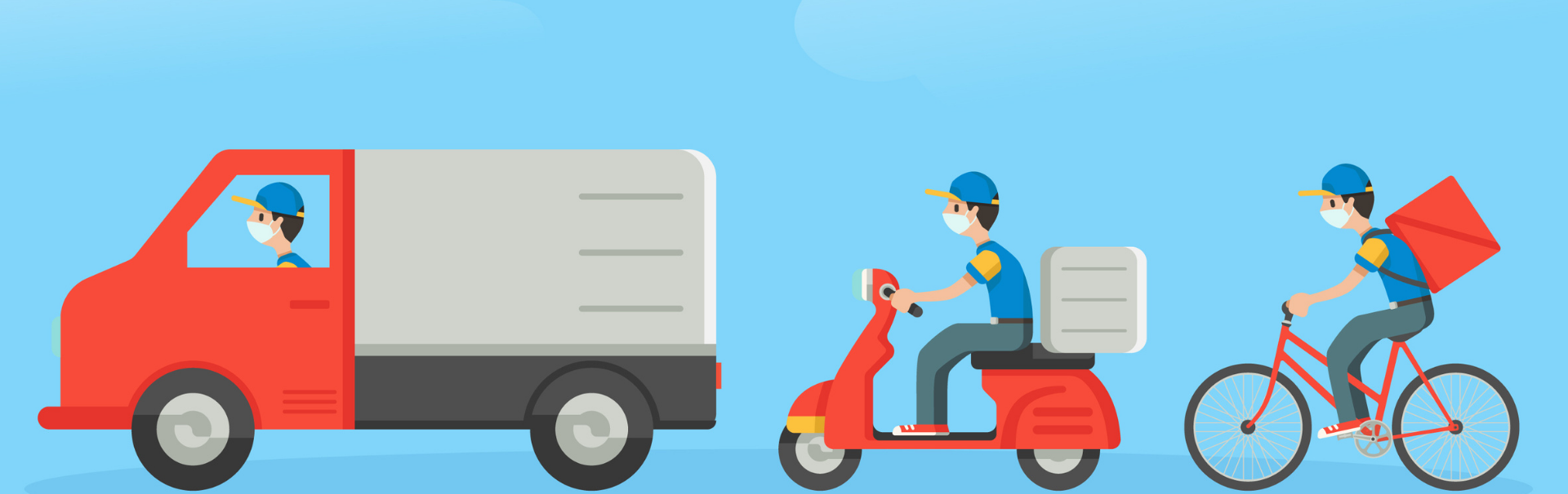 Imagem em vetor, em um fundo azul claro, com três meios de transporte enfileirados: caminhão, moto e bicicleta, exemplificando o last mile delivery